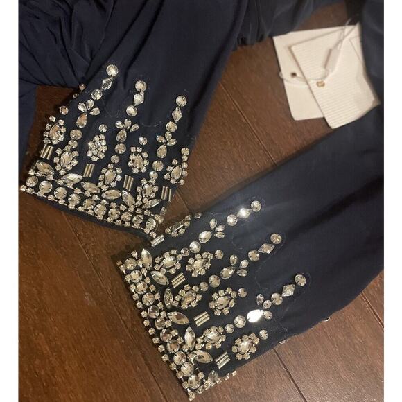 Mac Duggal Beaded Cuff Drop Shoulder Faux Wrap Gown Maxi Dress 8 Midnight Navy - Picture 11 of 15